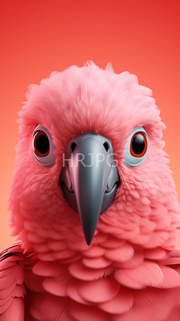 High Resolution: Anthropomorphic pink avian with fluffy feathers large round eyes featuring black and orange irises against a red background with a grayish-blue beak download. | HRJPG.com