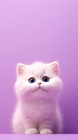 High Resolution: Adorable fluffy white kitten with large blue eyes and a pink nose sits against a solid purple background with soft-looking fur and small paws resting on a flat surface download. | HRJPG.com