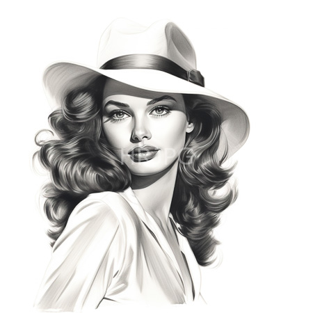 High Resolution: Elegant black-and-white drawing of a figure with wavy hair wears a wide-brimmed hat and deep V-neck blouse with striking features including dark lipstick and large eyes download. | HRJPG.com