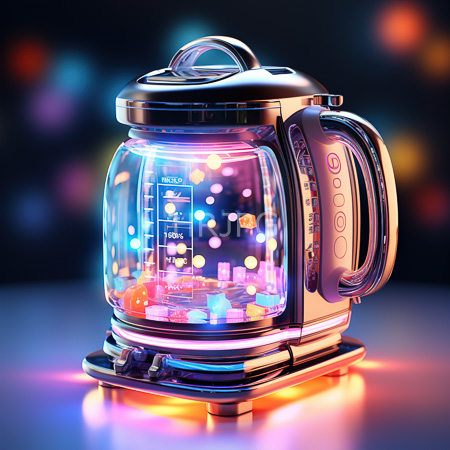 High Resolution: Illuminated electric kettle with neon lights features a transparent glass container showing water levels and colorful patterns inside against a blurred multicolored bokeh background download. | HRJPG.com