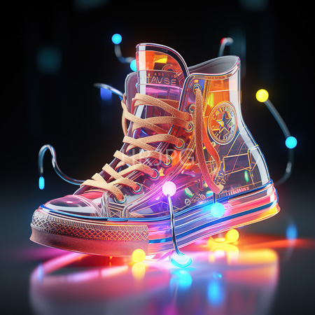 High Resolution: Neon-lit high-top footwear with colorful holiday lights wrapped around it features yellow laces and a detailed rubber toe cap against a dark background download. | HRJPG.com
