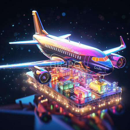 High Resolution: Illuminated neon-colored aircraft hovering above a brightly lit cargo hold filled with colorful suitcases and boxes against a dark starry background download. | HRJPG.com