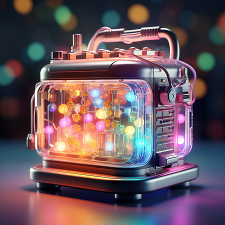 High Resolution: Illuminated futuristic lantern with transparent sides reveals colorful patterns inside features metallic handles and control dials on top against a blurred multicolored bokeh background download. | HRJPG.com