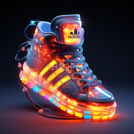 High Resolution: Illuminated athletic footwear features neon orange and yellow lights with glowing patterns on black leather fabric blue laces and colorful strips emitting light on the sole download. | HRJPG.com