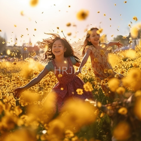 High Resolution: Two smiling Asian girls one with long brown hair in a pink dress and the other blonde-haired wearing a floral top running through a sunlit yellow wildflower field at sunset download. | HRJPG.com