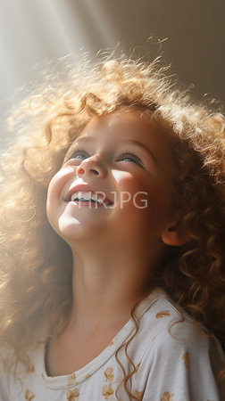 High Resolution: Adorable young girl with curly golden-blonde hair and fair skin smiling up at sunlight streaming in wears white pajamas adorned with small gold patterns download. | HRJPG.com