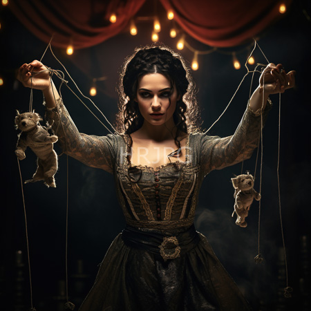 High Resolution: Ethereal figure with dark wavy hair and pale skin in Victorian-style attire featuring intricate lace detailing holds two small stringed puppets resembling herself and a male figure download. | HRJPG.com