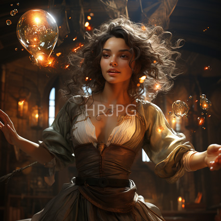 High Resolution: Ethereal curly-haired figure with light brown skin and large breasts in medieval attire creating glowing bubbles inside a dim-lit wooden room illuminated by warm candlelight download. | HRJPG.com