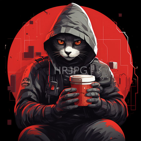 High Resolution: Anthropomorphic black feline with piercing red eyes wears dark tactical gear including gloves and a hooded jacket holding a bright orange coffee cup against a vivid crimson circular background download. | HRJPG.com