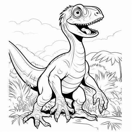 High Resolution: Black-and-white drawing of an animated cartoon-style reptilian predator with large eyes and sharp teeth standing in front of tropical foliage under cloudy skies download. | HRJPG.com