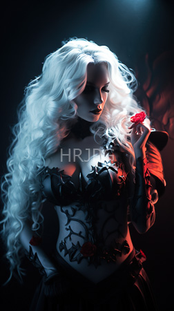 High Resolution: Ethereal figure with long wavy platinum blonde hair and pale skin holds a red rose against her cheek in dramatic lighting that casts blue and orange hues across her face download. | HRJPG.com