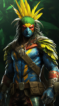 High Resolution: Anthropomorphic avian figure with blue skin a yellow and green feathered headdress and red face markings wears brown leather straps across its chest and waistband download. | HRJPG.com