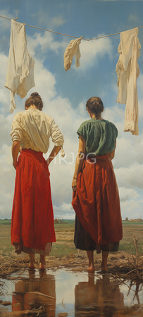 High Resolution: Two figures with brown hair standing barefoot in shallow water under a blue sky and white clouds one wears a red skirt the other a green top with white clothes hanging on a line above them download. | HRJPG.com