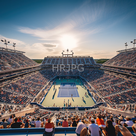High Resolution: Outdoor tennis stadium at sunset filled with spectators in colorful attire watching players on two blue courts below under a clear sky and sunlight download. | HRJPG.com