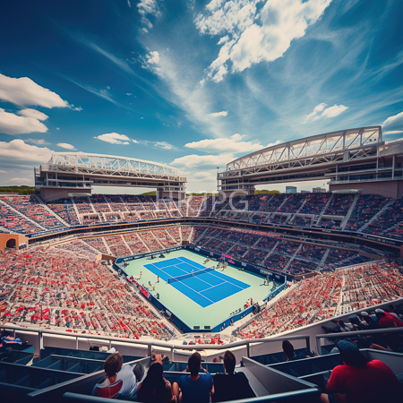 High Resolution: Expansive sunlit stadium filled with spectators under bright blue skies features two players engaging in a table tennis match atop a vibrant green-blue court download. | HRJPG.com