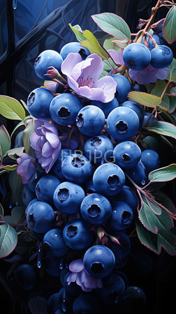 High Resolution: Vibrant blueberries with small dark purple blemishes and droplets on their surface interspersed among them is one large pink flower bud opening to reveal delicate petals download. | HRJPG.com