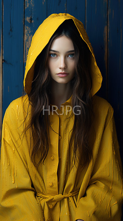 High Resolution: Attractive young figure with long wavy brown hair and blue eyes wears a wet yellow raincoat that is slightly oversized against a dark wooden background download. | HRJPG.com