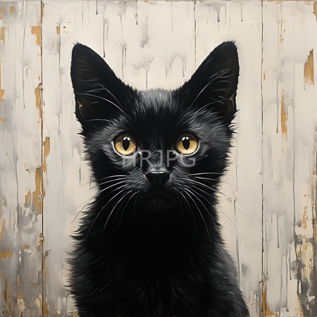 High Resolution: Alert black kitten with golden eyes centered against a weathered wooden background featuring vertical planks and peeling paint download. | HRJPG.com