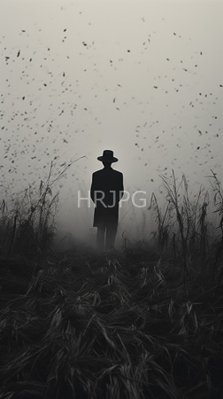 High Resolution: Anonymous silhouetted figure stands in tall grass and a foggy field at night or early morning wears a long coat with wide lapels and a broad-brimmed hat download. | HRJPG.com