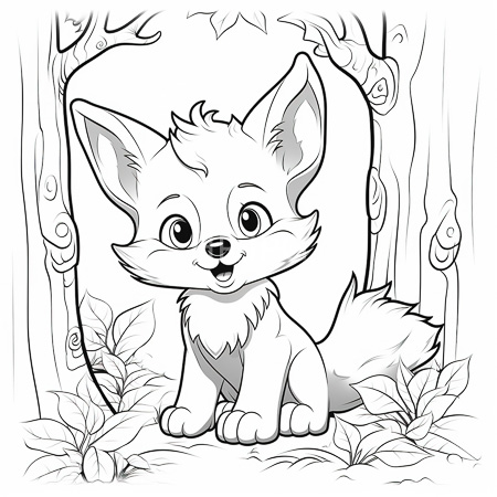 High Resolution: Black-and-white drawing of an adorable cartoon-style young canine with large ears and expressive eyes sitting in front of whimsical trees adorned with curly branches download. | HRJPG.com