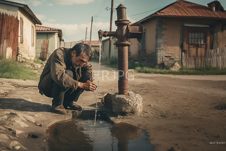 High Resolution: Older Asian figure with short black hair wears brown overalls squatting by a rusty outdoor water pump on dirt ground collecting dripping water into his hands download. | HRJPG.com