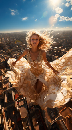 High Resolution: Ethereal blonde figure with fair skin wears a golden and white flowing dress that billows in mid-air against a cityscape backdrop leaping gracefully over buildings download. | HRJPG.com