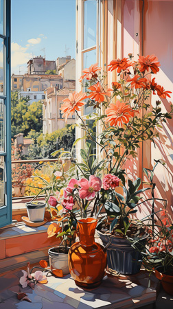 High Resolution: Sunlit balcony with an open window showcases vibrant orange and pink flowers in various pots casting shadows on a tiled floor against Mediterranean-style buildings download. | HRJPG.com
