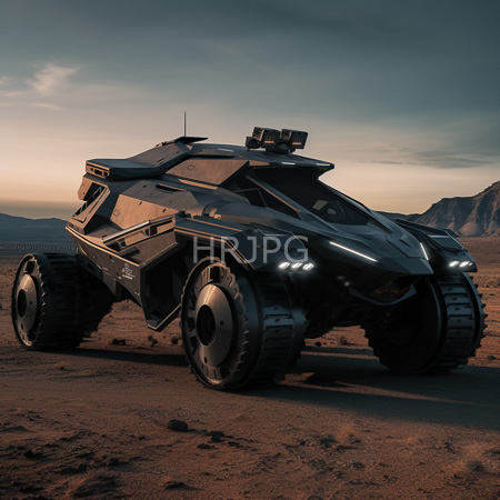 High Resolution: Futuristic black armored vehicle with an angular design and large tires on desert terrain at sunset with illuminated headlights glowing against a dark sky download. | HRJPG.com
