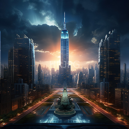 High Resolution: Urban sunset features Bethesda Fountain centered in front with towering skyscrapers flanking both sides under dramatic clouds illuminated by orange and blue light download. | HRJPG.com