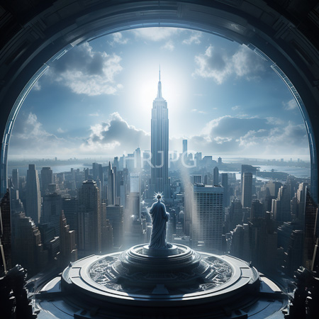 High Resolution: Ethereal futuristic scene features a statue resembling Atlas with wings standing on top of a circular dome structure surrounded by towering skyscrapers download. | HRJPG.com