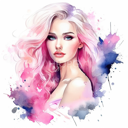 High Resolution: Watercolor portrait of an attractive young figure with long wavy pink and white hair blue eyes full lips painted red and fair skin download. | HRJPG.com