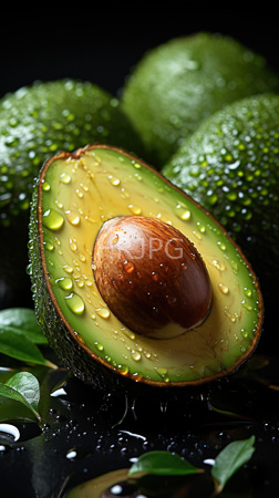 High Resolution: Fresh green-skinned fruits with textured surfaces and water droplets one halved fruit in the foreground shows a smooth brown seed centered within creamy yellow-green flesh download. | HRJPG.com