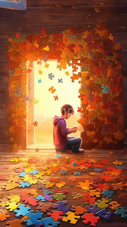 High Resolution: Adorable young boy with short brown hair sits on wooden floorboards in front of a bright doorway filled with falling autumn-colored puzzle pieces download. | HRJPG.com