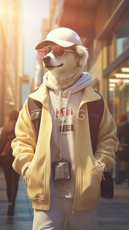 High Resolution: Anthropomorphic white canine with fluffy fur wears sunglasses and a red-tinted lenses dressed in a beige jacket over a gray hoodie holding a camera on a necklace chain download. | HRJPG.com