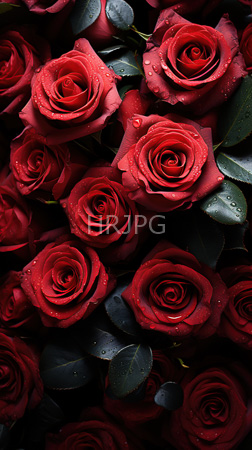 High Resolution: Dense vibrant red roses with dark green leaves each rose detailed and textured with droplets on petals creating an almost wet appearance against a shadowed background download. | HRJPG.com