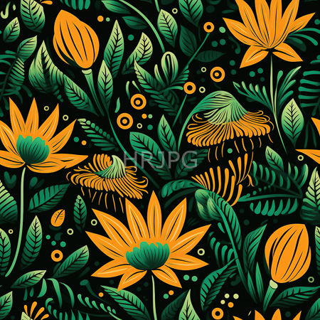 High Resolution: Intricate illustration features vibrant tropical flowers and foliage on a black background including large orange sunflowers with green centers and smaller yellow-orange buds resembling orchids download. | HRJPG.com