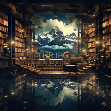 High Resolution: Enchanting library features towering bookshelves illuminated by warm golden lights and reflective polished floors mirroring snowy mountain peaks outside through large windows download. | HRJPG.com