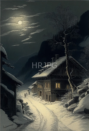 High Resolution: Atmospheric illustration depicts a snowy village at night under a full moon with a wooden chalet illuminated by warm yellow light standing prominently on snow-covered ground download. | HRJPG.com