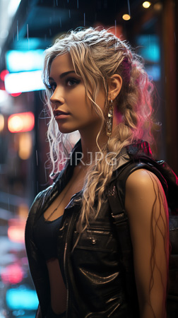 High Resolution: Attractive young figure with wavy platinum blonde hair stands on a rainy city street at night wears a black leather sleeveless jacket over a dark top and large gold earrings download. | HRJPG.com