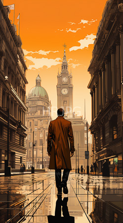 High Resolution: Urban street scene at sunset features a lone figure in a brown trench coat walking away from the camera towards a clock tower with a dome building on the left download. | HRJPG.com