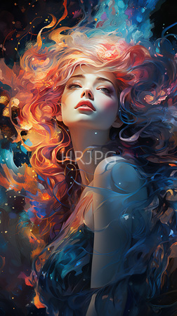 High Resolution: Ethereal figure with flowing multicolored hair blending orange and blue hues against a dark cosmic background with closed eyes and a serene expression download. | HRJPG.com