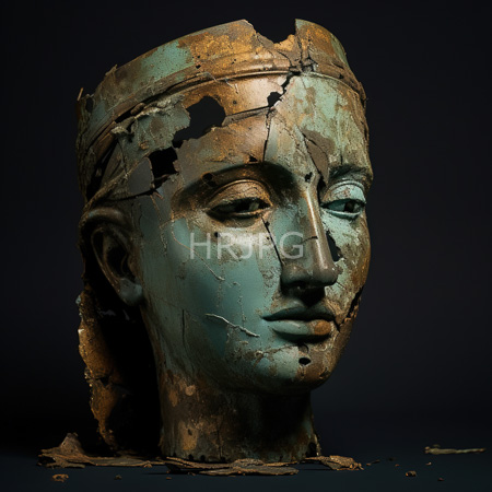 High Resolution: Ancient weathered bronze head sculpture with significant cracks and chipped areas revealing underlying metal texture features closed eyes and elongated nose and ear details download. | HRJPG.com