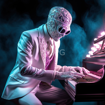 High Resolution: Androgynous figure in a white intricately patterned mask plays piano wearing a matching suit with a pink tie against a smoky blue background illuminated by soft neon lights download. | HRJPG.com