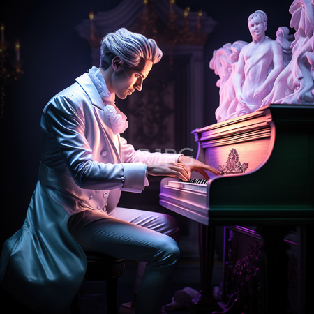 High Resolution: Androgynous silver-haired musician in a white satin coat plays a green grand piano illuminated by purple-blue light with classical statues adorning the background download. | HRJPG.com