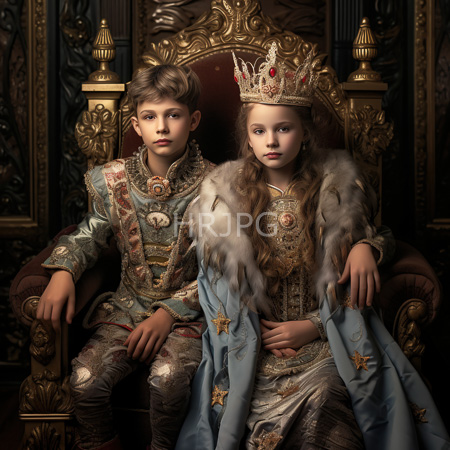 High Resolution: Two young royalty figures boy and girl sit on an ornate throne he wears elaborate silver armor adorned in reds and greens she donned a luxurious blue velvet robe trimmed with fur download. | HRJPG.com