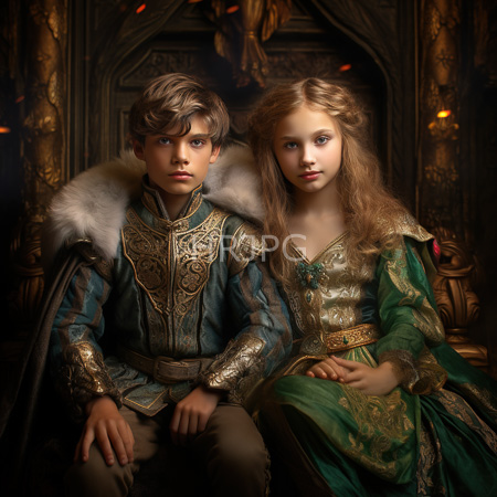 High Resolution: Two young fair-skinned children with serious expressions sit side by side in an ornate room the boy wears detailed blue armor while the girl sports long blonde curls wearing a green gown download. | HRJPG.com
