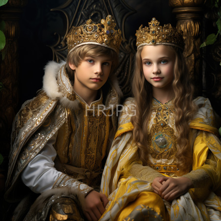 High Resolution: Two young royalty figures wear ornate golden crowns adorned in luxurious medieval-style clothing he has blonde hair while she sports long brown curls both wear elaborate gold-embroidered robes download. | HRJPG.com