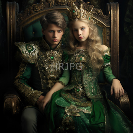 High Resolution: Two young royalty figures he has brown hair in an elaborate green-and-gold armor suit she wears an intricate off-shouldered emerald gown adorned with jewels under her long blonde curls download. | HRJPG.com