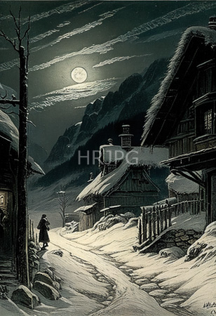 High Resolution: Snowy village at night under a full moon with dark mountains in the background a lone figure dressed warmly walks along a snow-covered path between wooden houses download. | HRJPG.com