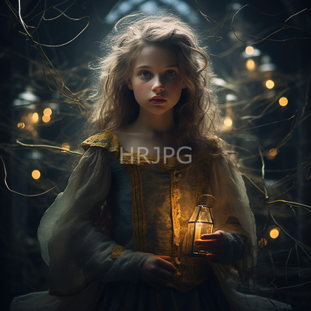 High Resolution: Ethereal young figure with wavy light brown hair and fair skin holds a glowing lantern in her hands wearing a vintage-style dress adorned with gold embroidery download. | HRJPG.com